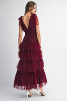 MABLE Pearl Stud and Mesh Tulle Tiered Maxi Dress in Burgundy