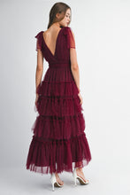 Load image into Gallery viewer, MABLE Pearl Stud and Mesh Tulle Tiered Maxi Dress in Burgundy

