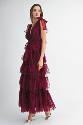 MABLE Pearl Stud and Mesh Tulle Tiered Maxi Dress in Burgundy