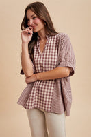 AnnieWear OVERSIZED Mixed Plaid Gingham Top in Violet Purple/Sand