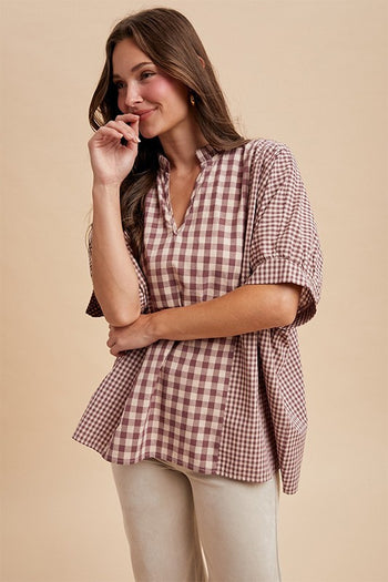 AnnieWear OVERSIZED Mixed Plaid Gingham Top in Violet Purple/Sand