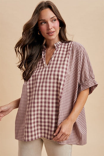 AnnieWear OVERSIZED Mixed Plaid Gingham Top in Violet Purple/Sand