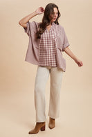 AnnieWear OVERSIZED Mixed Plaid Gingham Top in Violet Purple/Sand