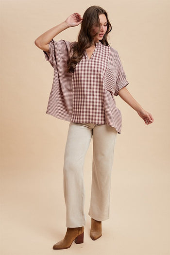 AnnieWear OVERSIZED Mixed Plaid Gingham Top in Violet Purple/Sand