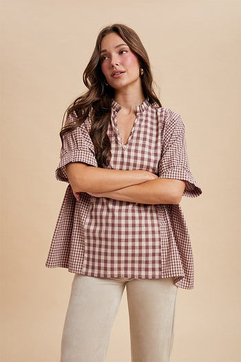 AnnieWear OVERSIZED Mixed Plaid Gingham Top in Violet Purple/Sand