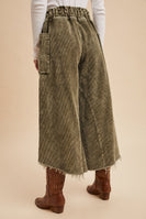 AnnieWear Frayed Hem Corduroy Cropped Wide Leg Pants in Olive