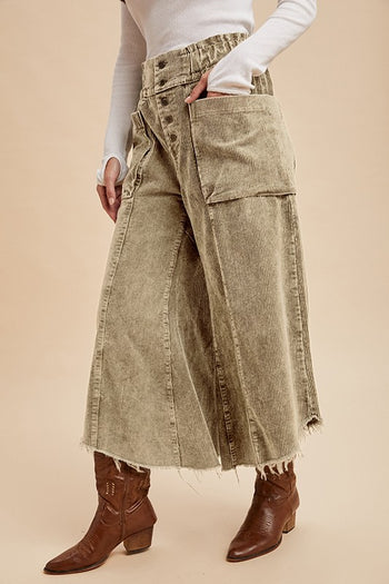 AnnieWear Frayed Hem Corduroy Cropped Wide Leg Pants in Stone