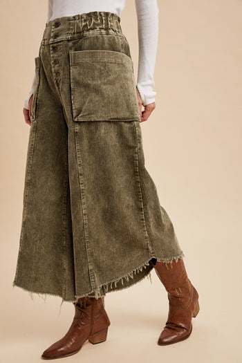 AnnieWear Frayed Hem Corduroy Cropped Wide Leg Pants in Olive