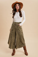 AnnieWear Frayed Hem Corduroy Cropped Wide Leg Pants in Olive