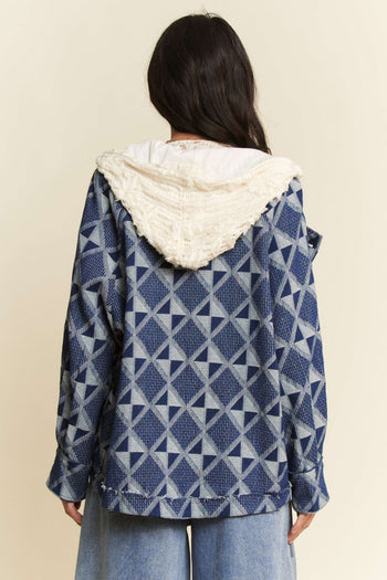 Davi & Dani Vintage Geometric Denim Pattern Jacket in Blue