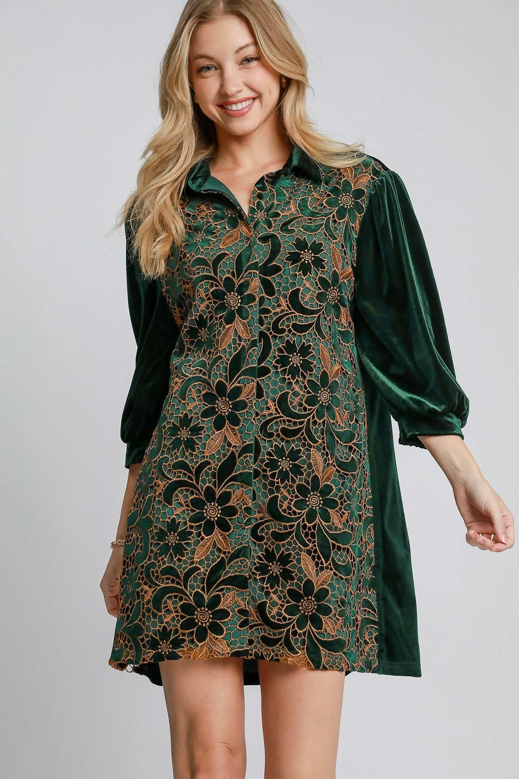 Umgee Velvet Lace Mini Dress in Hunter Green S