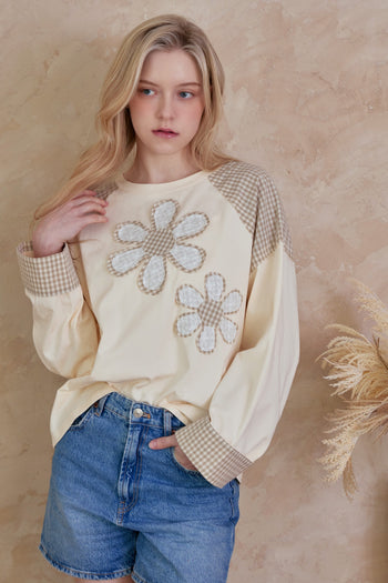 mello. Checkered Contrast Top with Daisy Patches in Multi Brown