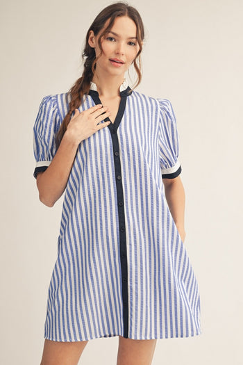 Jodifl Striped Button Front Puff Sleeve Dress in Blue
