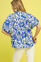 Umgee Floral Print Top with Contrasting Stripe Piping in Blue