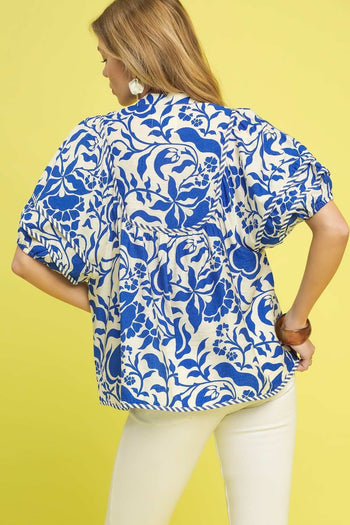 Umgee Floral Print Top with Contrasting Stripe Piping in Blue