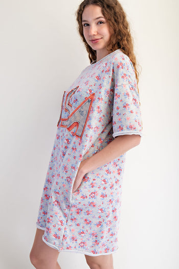 Easel Terry Knit Floral Print Mini Dress with USA Letter patched Front in Heather Grey
