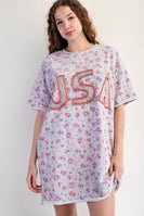 Easel Terry Knit Floral Print Mini Dress with USA Letter patched Front in Heather Grey