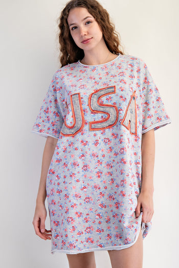 Easel Terry Knit Floral Print Mini Dress with USA Letter patched Front in Heather Grey