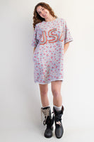 Easel Terry Knit Floral Print Mini Dress with USA Letter patched Front in Heather Grey