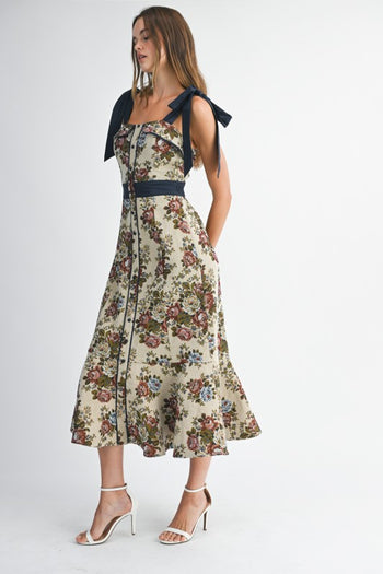 MABLE Textured Floral Tapestry Midi Dress in Taupe