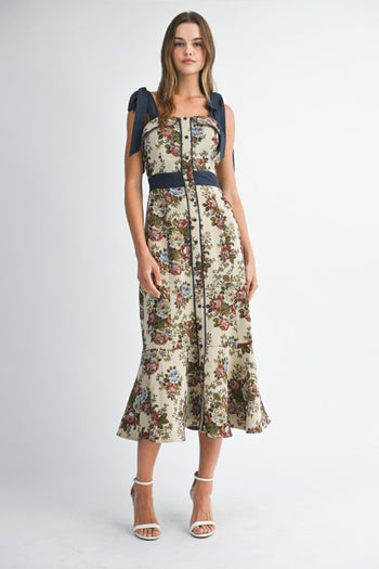 MABLE Textured Floral Tapestry Midi Dress in Taupe