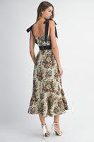 MABLE Textured Floral Tapestry Midi Dress in Taupe