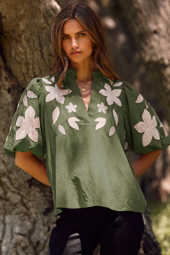 Oddi Washed Suede Top with Contrasting Floral Appliques in Hunter Green