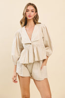 TCEC Solid Color Textured Peplum Top in Natural
