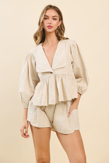 TCEC Solid Color Textured Peplum Top in Natural