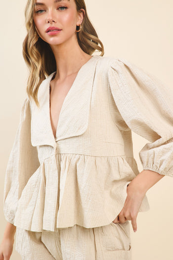 TCEC Solid Color Textured Peplum Top in Natural