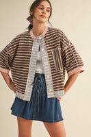 AnnieWear Contrasting Color Striped French Terry Jacket in Mocha/Blush