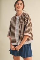 AnnieWear Contrasting Color Striped French Terry Jacket in Mocha/Blush