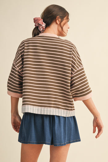 AnnieWear Contrasting Color Striped French Terry Jacket in Mocha/Blush