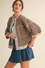 Load image into Gallery viewer, AnnieWear Contrasting Color Striped French Terry Jacket in Mocha/Blush
