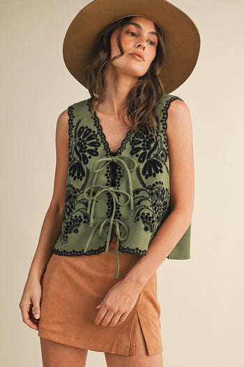AnnieWear Punching Crochet Suede Vest in Olive