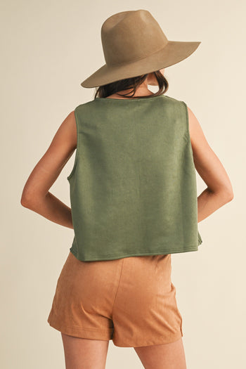 AnnieWear Punching Crochet Suede Vest in Olive