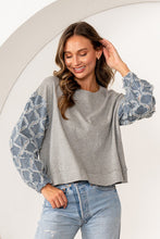 Load image into Gallery viewer, Sew in Love Rhinestone Knit Top with Textured Lattice Denim Sleeves in Grey/Denim
