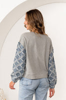 Sew in Love Rhinestone Knit Top with Textured Lattice Denim Sleeves in Grey/Denim