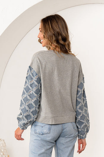 Sew in Love Rhinestone Knit Top with Textured Lattice Denim Sleeves in Grey/Denim