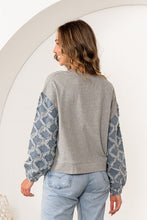 Load image into Gallery viewer, Sew in Love Rhinestone Knit Top with Textured Lattice Denim Sleeves in Grey/Denim
