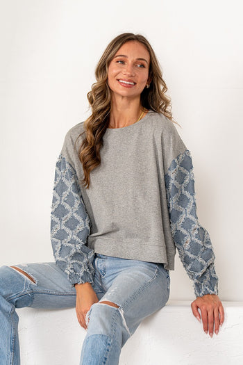 Sew in Love Rhinestone Knit Top with Textured Lattice Denim Sleeves in Grey/Denim