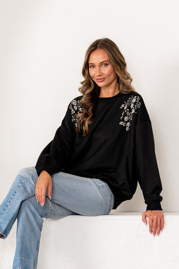 Sew in Love Floral Rhinestone Sweatshirt in Black