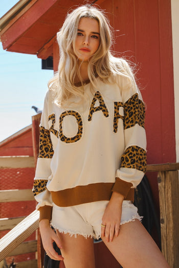 Oddi OVERSIZED Color Block Top with ROAR Letter patched Front in Ivory Leopard