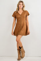 BaeVely Stud Detail Faux Suede V-Neck Mini Dress in Brown