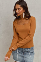 So Me FITTED Knit Sweater Top with Scalloped Neckline in Camel