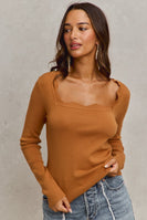 So Me FITTED Knit Sweater Top with Scalloped Neckline in Camel
