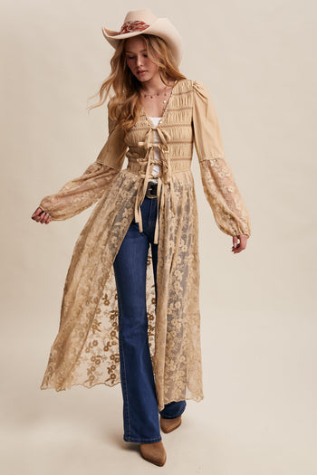 Listicle Smocked and Lace Maxi Kimono in Taupe