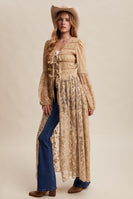 Listicle Smocked and Lace Maxi Kimono in Taupe