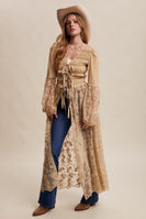 Listicle Smocked and Lace Maxi Kimono in Taupe