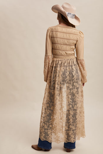 Listicle Smocked and Lace Maxi Kimono in Taupe